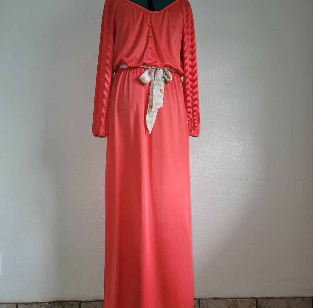 Source Unknown Coral Long Sleeve Maxi Dress with Floral Tie